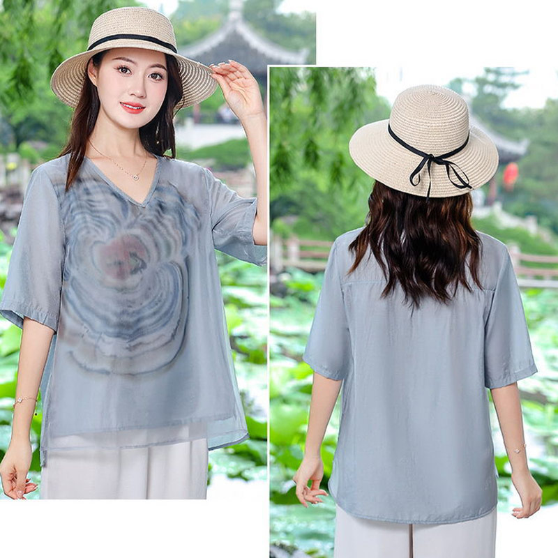 Women's Printed Loose Short Sleeve V-Neck T-Shirt 保加利亚