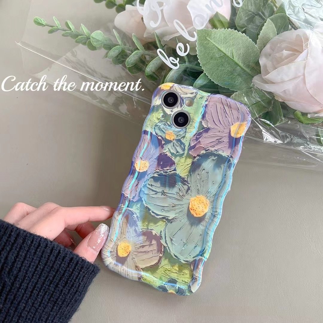 🔥Nouvelle coque de téléphone florale pour iPhone bleu rétro peinture à l'huile