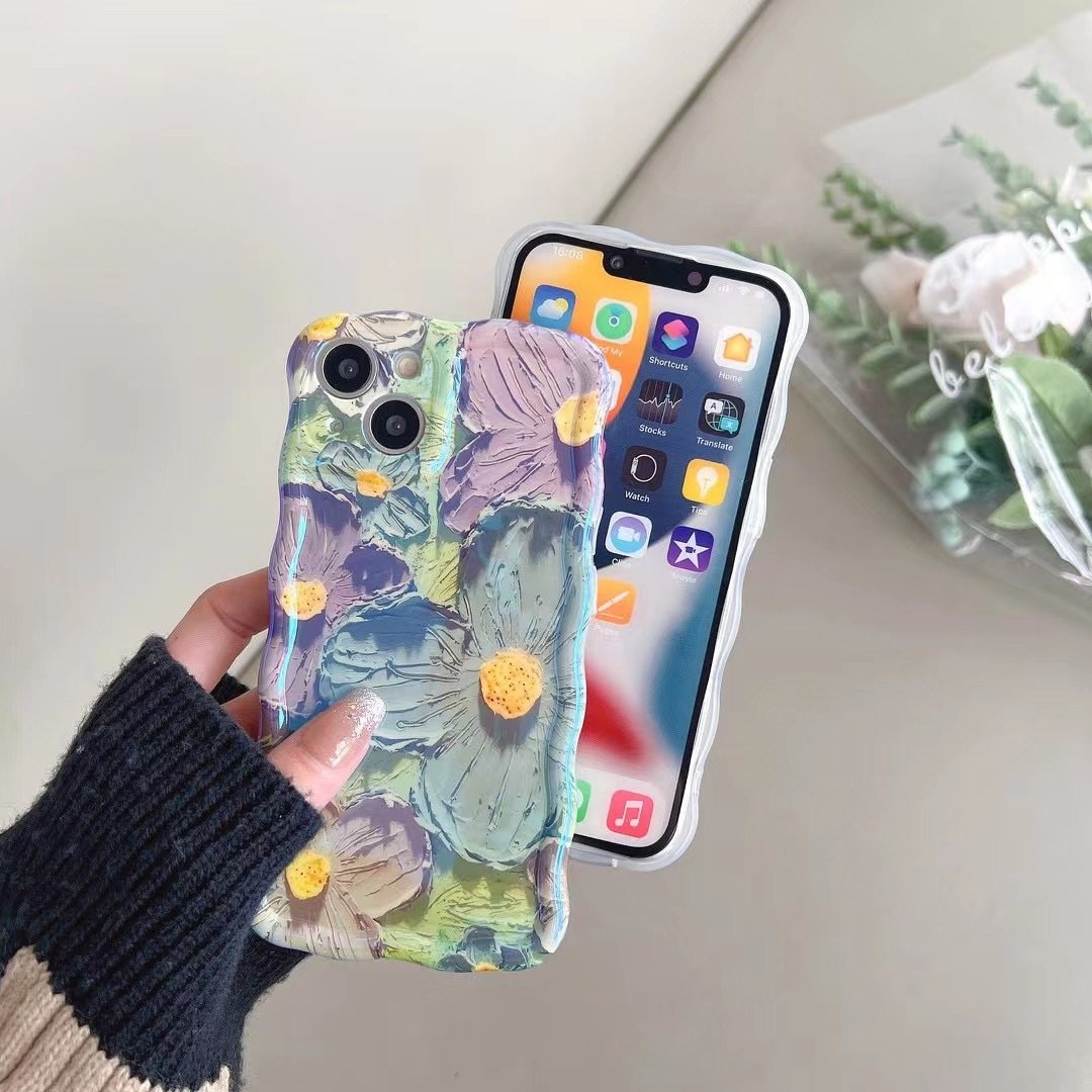 🔥Nouvelle coque de téléphone florale pour iPhone bleu rétro peinture à l'huile