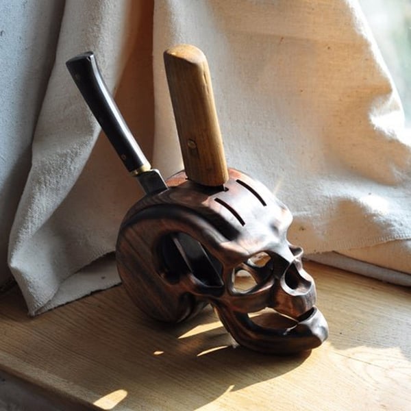 Handmade Wooden Skull Knife Holder