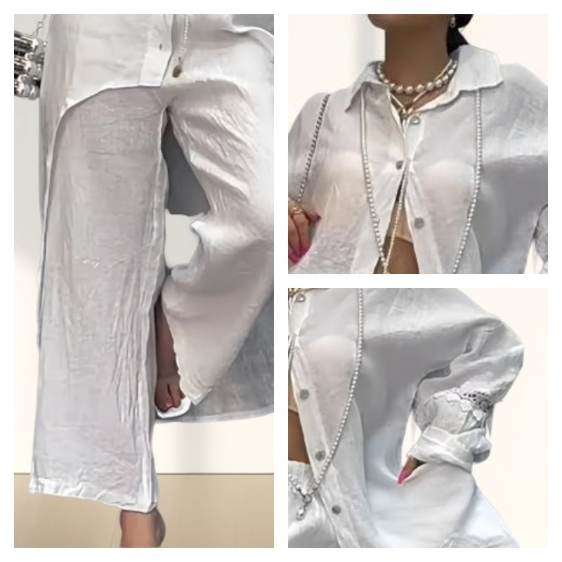 Women's fashion one-color two-piece clothing long-sleeved shirt and pants