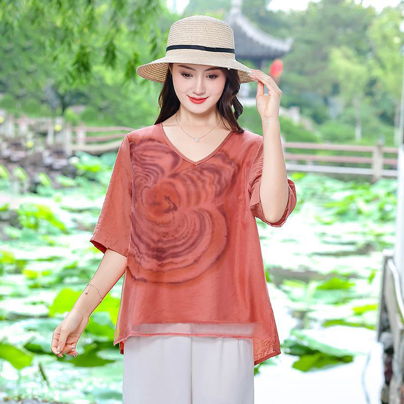 Women's Printed Loose Short Sleeve V-Neck T-Shirt 保加利亚