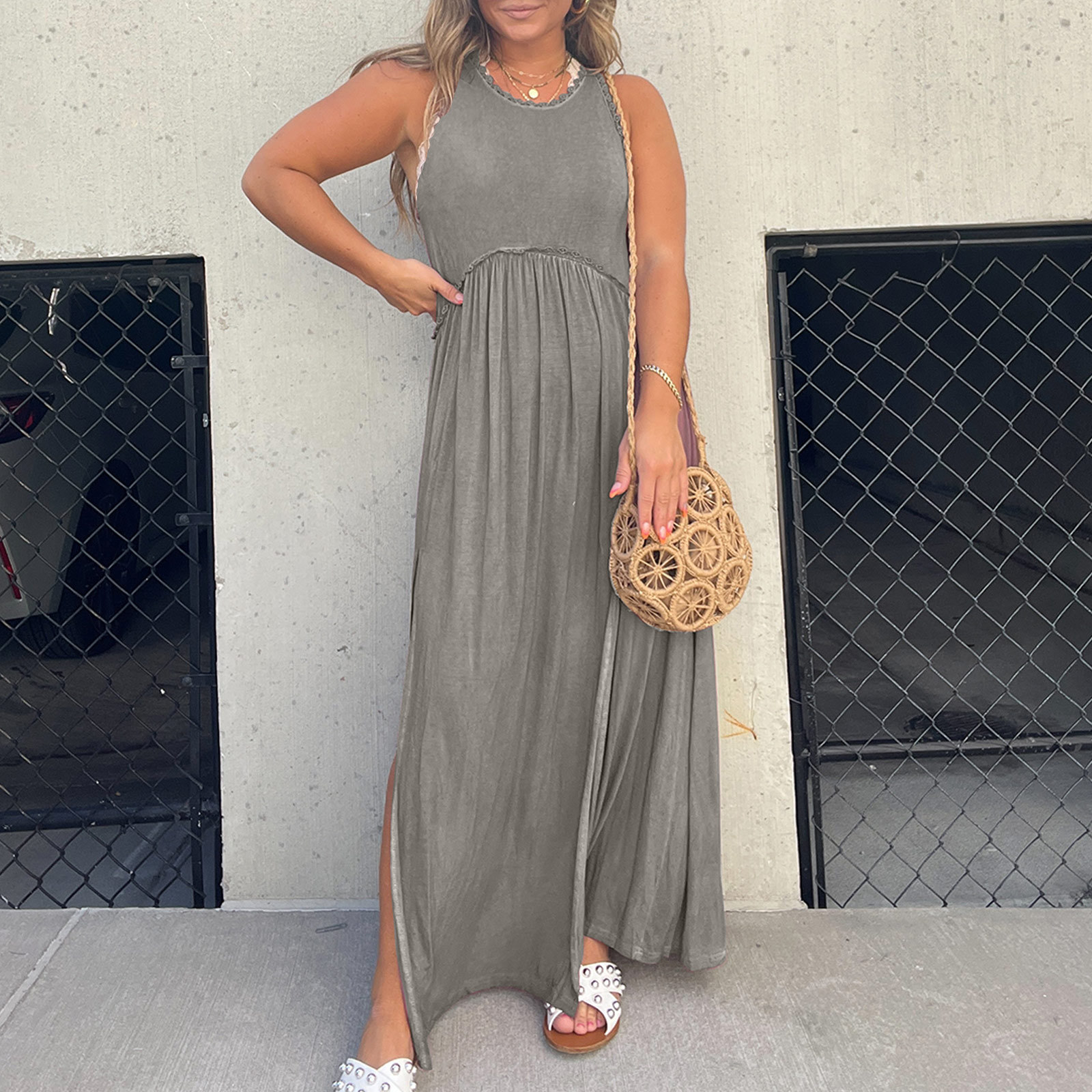 Slit Casual Simple Loose Maxi Dress 