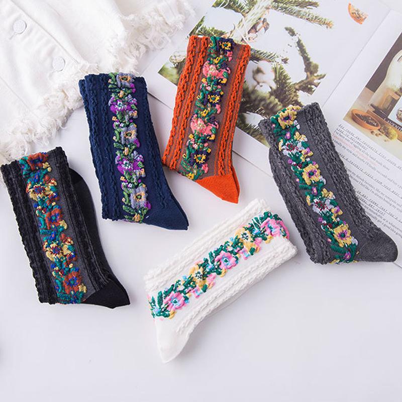 ( Vente de Noël anticipée ) -5 paires de chaussettes vintage brodées à fleurs