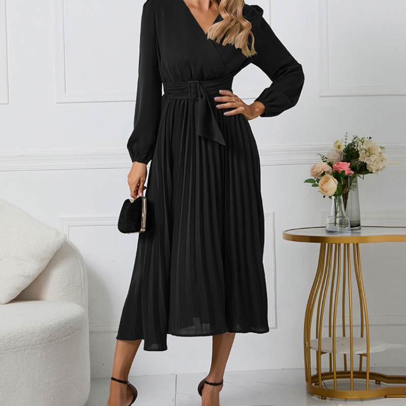 Long Sleeve Pleated Belt V-neck Dress