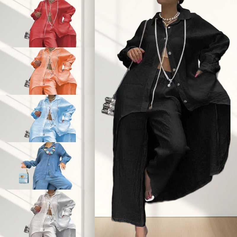 Women's fashion one-color two-piece clothing long-sleeved shirt and pants