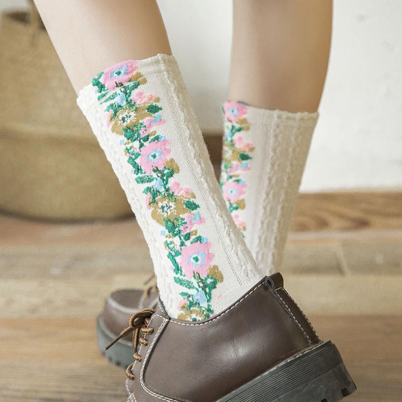 ( Vente de Noël anticipée ) -5 paires de chaussettes vintage brodées à fleurs