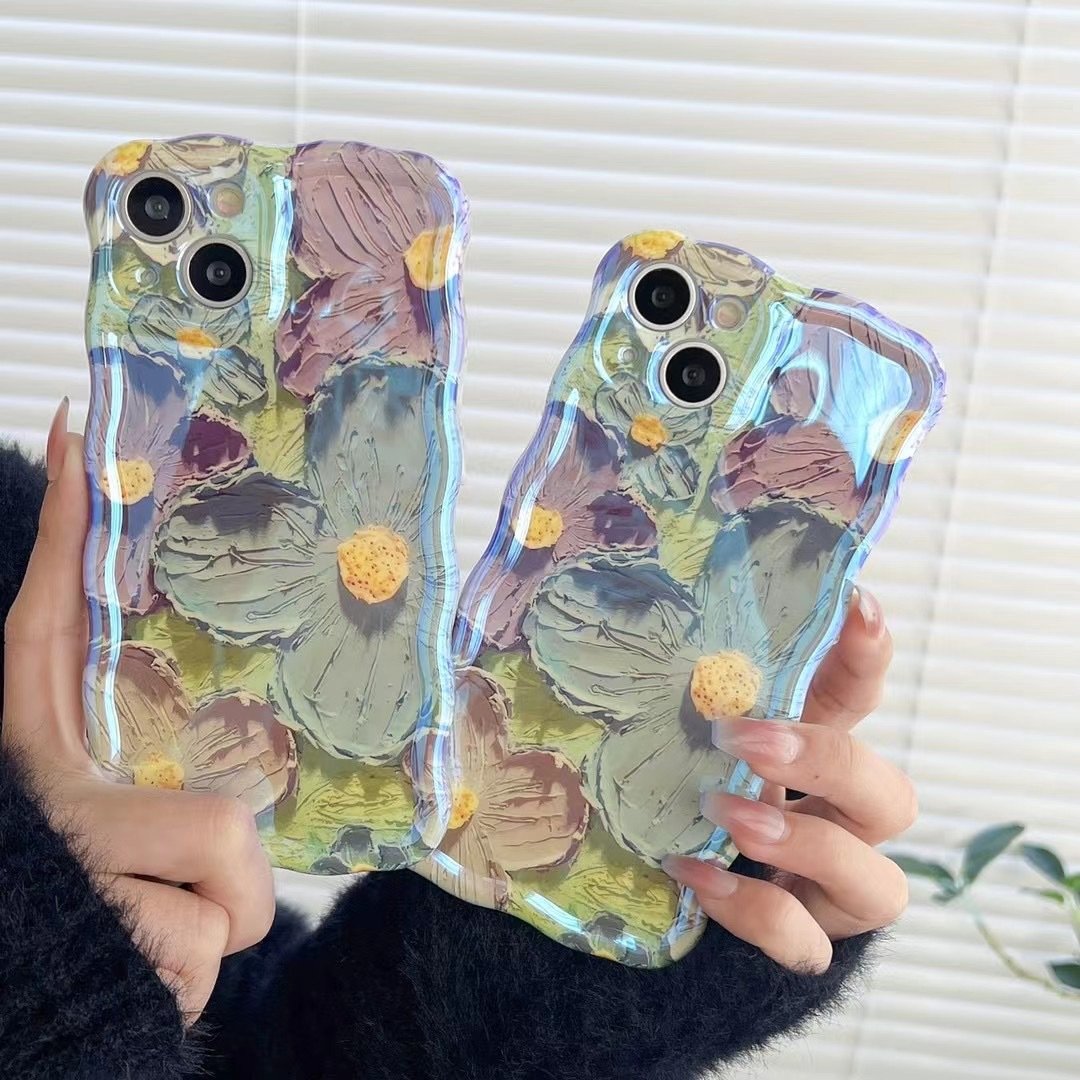 🔥Nouvelle coque de téléphone florale pour iPhone bleu rétro peinture à l'huile