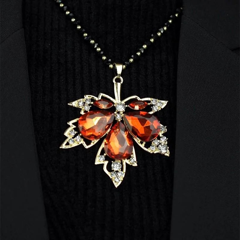 Red Maple Leaf Crystal Pendant Necklace