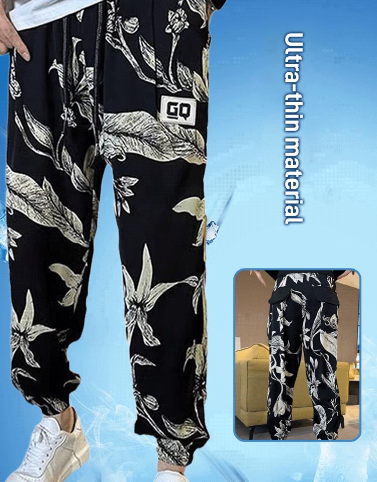 Men's Ice Silk Printed Casual Side Slit Cropped Pants