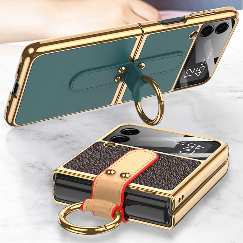 Etui rigide en cuir arrière en verre trempé d'origine pour Galaxy Z Flip4 Flip3 5G avec lanière